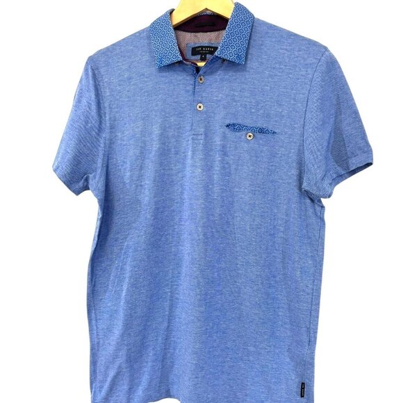 Ted Baker London Womens Polo Shirt Size 4 Blue / Patterned Collar Front Pocket - Picture 1 of 6